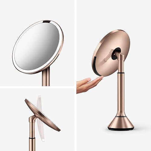 simplehuman - Espejo de maquillaje con sensor redondo de 8 pulgadas con control táctil, ajuste de luz doble, aumento 5x, recargable y sin cable, acero inoxidable dorado rosa