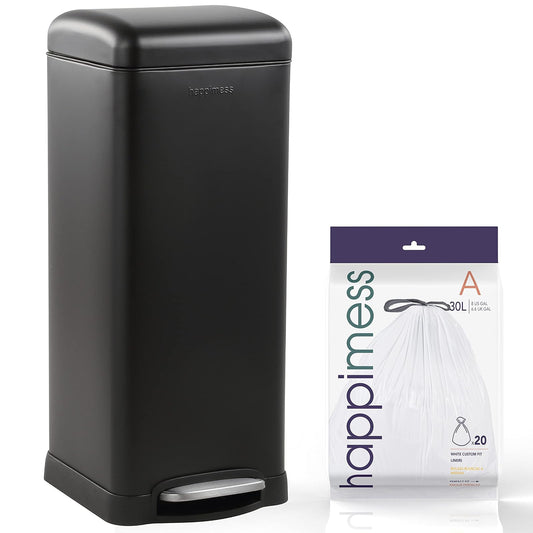 happimess HPM1007B Betty Retro Bote de basura con tapa de cierre suave, resistente a las huellas dactilares, moderno, minimalista para el hogar, cocina, lavandería, oficina, recámara, baño, negro