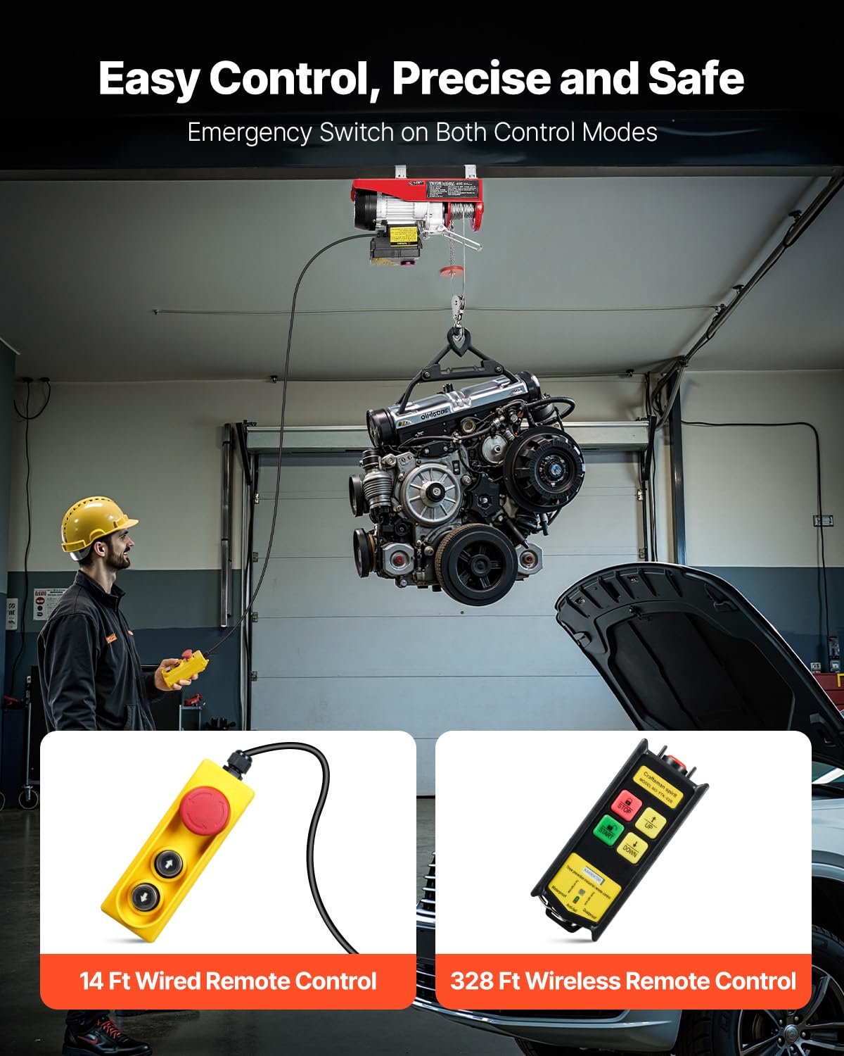 VEVOR - Polipasto eléctrico de 420 libras y 120 V con control remoto inalámbrico de 333 pies y cable de 15 pies, altura de elevación de un solo cable de 40 pies, eslingas individuales/dobles,