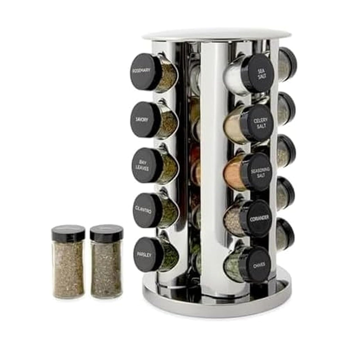 Kamenstein Organizador Giratorio de Torre para encimera de 20 tarros con recambios de Especias Gratis para 5 años, Acero Inoxidable Pulido con Tapas Negras