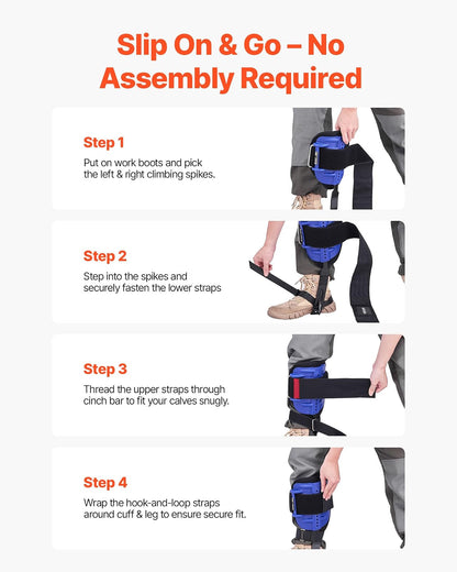 VEVOR Juego de Espuelas para Trepar Árboles, Escalada Ajustable en Altura, con Correas y Arnés, Carga de 159 kg, Espuelas de Acero de Alta Resistencia, para Recolección de Fruta y Caza, Azul