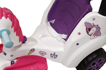 PRINSEL | Triciclo Push Car| Triciclo Montable para Niñas | Supertrike Unicornio| Blanco | De 2 a 6 Años, Barra de Empuje, Descansapies, Techo Removibles, Luces y Sonido | Artículos para Niños