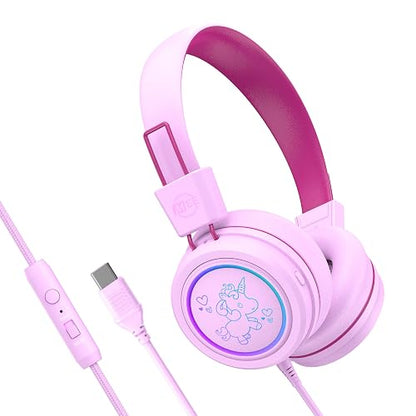 MEE audio KidJamz KJ55 Auriculares USB-C de escucha segura para niños con luces LED multicolores, limitador de volumen y micrófono; auriculares con cable para niños para iPhone 15, iPad y dispositivos