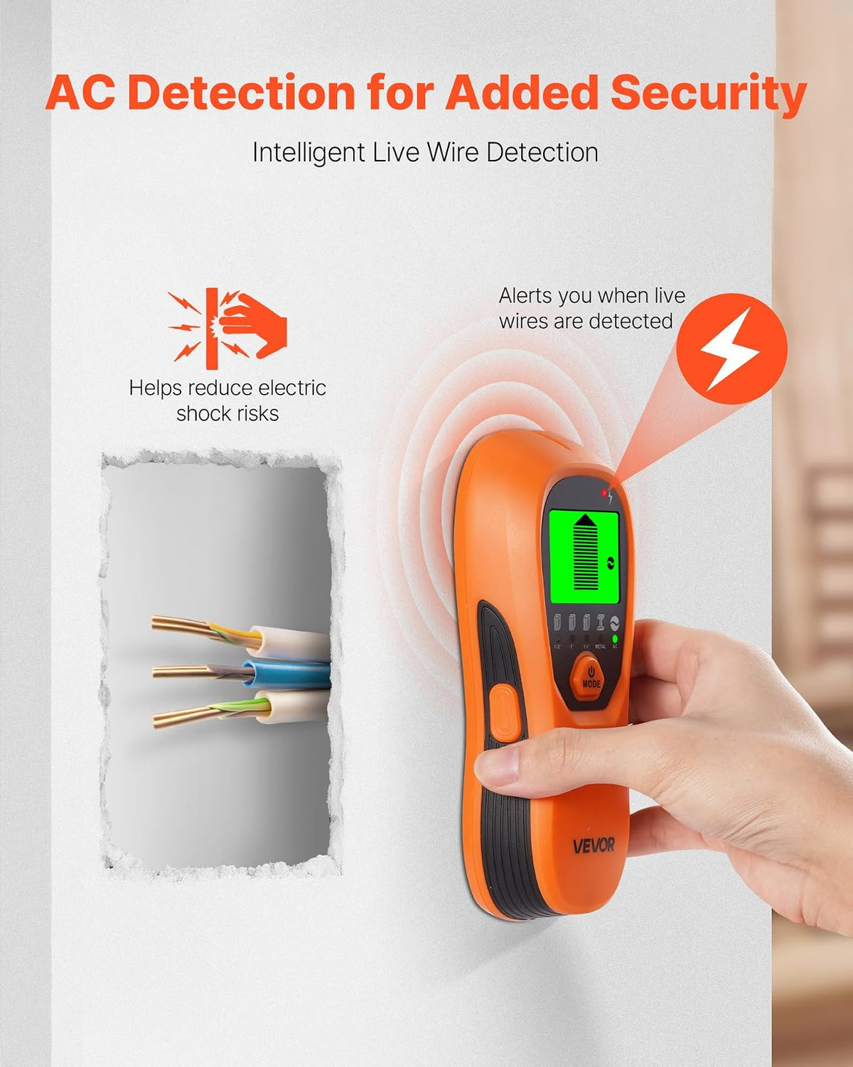 VEVOR Detector Electrónico de Vigas de Pared 5 en 1, con Sensor Inteligente, Pantalla LCD y Alarma Sonora a Detectar Vigas de Madera y Metálicas, Cables Eléctricos, Naranja, 170 x 72 x 37 mm