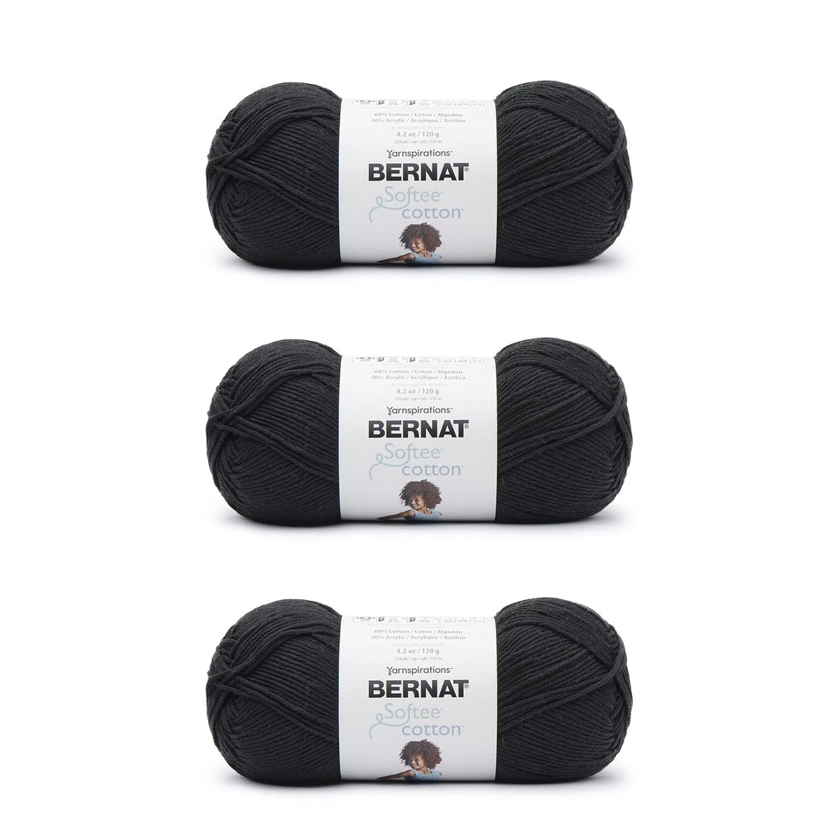 Bernat Softee Cotton, Hilo de Algodón y Acrílico Peso DK - Negro - Paquete de 3