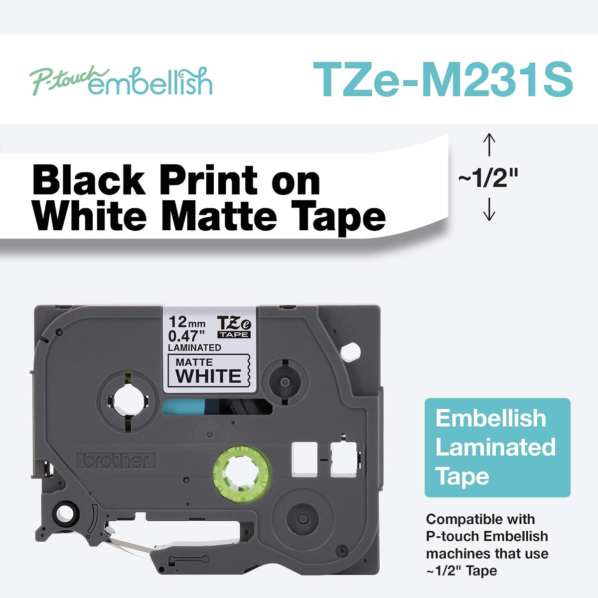 Brother P-touch TZEM231S TZEM231S - TZE-M231S - Cinta decorativa de color negro y blanco mate - ~½" de ancho x 13.1 pies de largo para usar con cinta de adorno P-touch y impresora de cinta, TZE-M231S