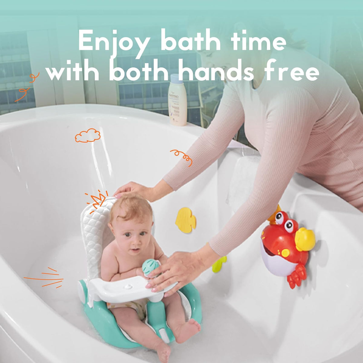 BabyBond - Asiento de baño para bebé con asiento y acostado, 2 modos, ajuste de 3 velocidades, potentes ventosas, silla de tina para bebé con toalla suave y cómoda, plegable y colgante