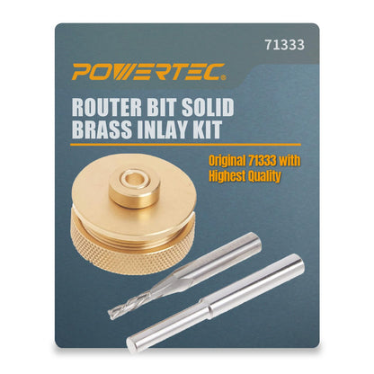 POWERTEC - Kit de incrustaciones de latón con juego de guía de bujes de enrutador + pasador de centrado, collar y broca de carburo sólido de 1/8 pulgadas de diámetro x vástago de 1/4 pulgadas
