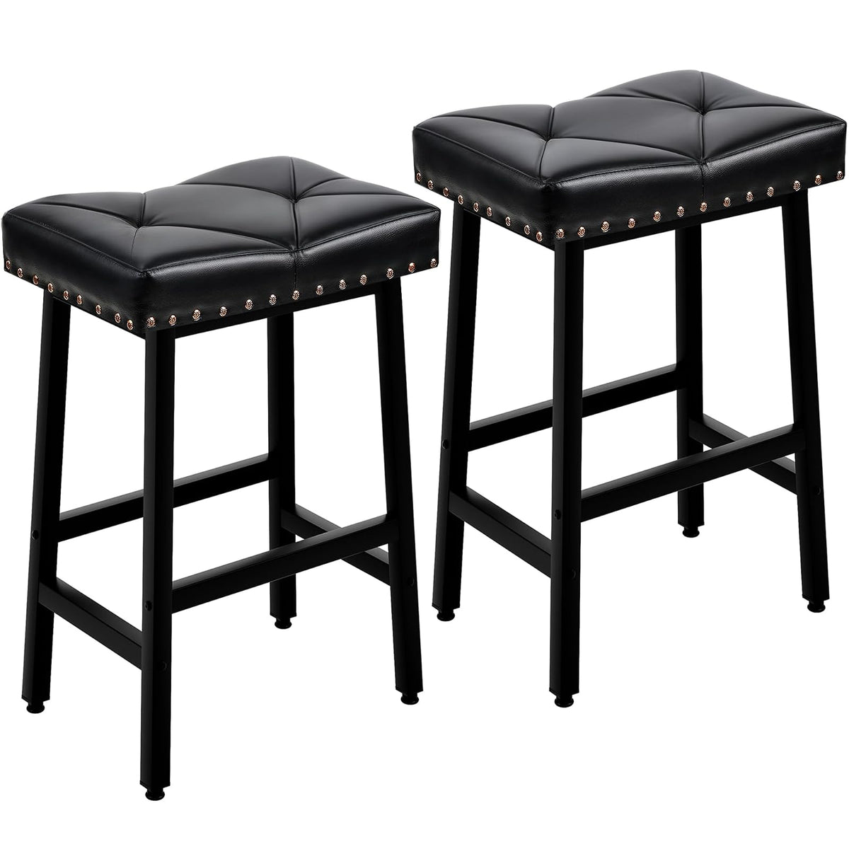 VECELO - Taburetes de 25 Pulgadas de Altura para la Isla de Cocina, Asientos tapizados de Poliuretano de 3.3 Pulgadas de Grosor, sillas de Bar sin Respaldo con Base de Metal, Color Negro