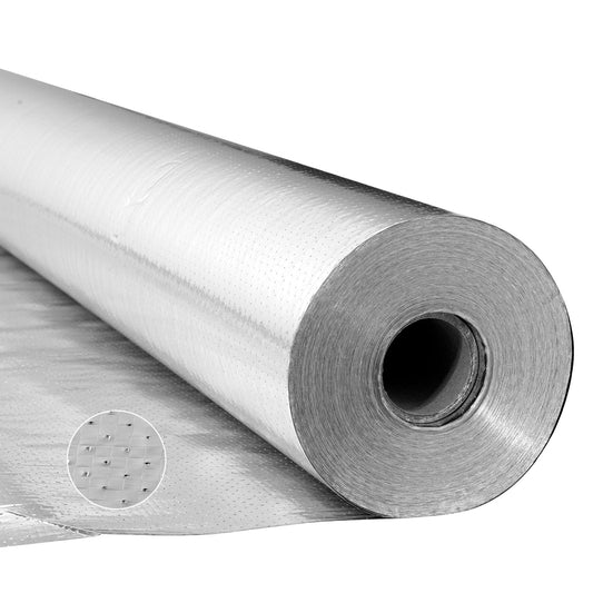 VEVOR Rollo de Aislamiento Reflectante Doble, Perforado y Transpirable, 38,1 x 1,22 m x 0,15 mm, Lámina de Aluminio de Doble Cara, Reflectividad ≥ 95%, para Ventanas y Techos de Autocaravanas