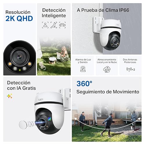 TP-Link Tapo C520WS Cámara de Seguridad WiFi Exterior - Resolución 2K - Cobertura 360° - Visión Nocturna a Color - Detección de Movimiento - Alarma de Luz y Sonido - 512GB - App Tapo - Protección IP66