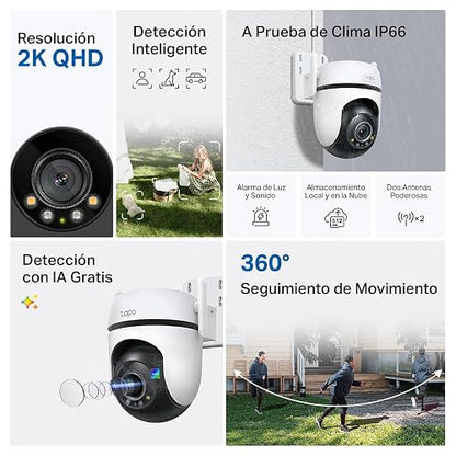 TP-Link Tapo C520WS Cámara de Seguridad WiFi Exterior - Resolución 2K - Cobertura 360° - Visión Nocturna a Color - Detección de Movimiento - Alarma de Luz y Sonido - 512GB - App Tapo - Protección IP66