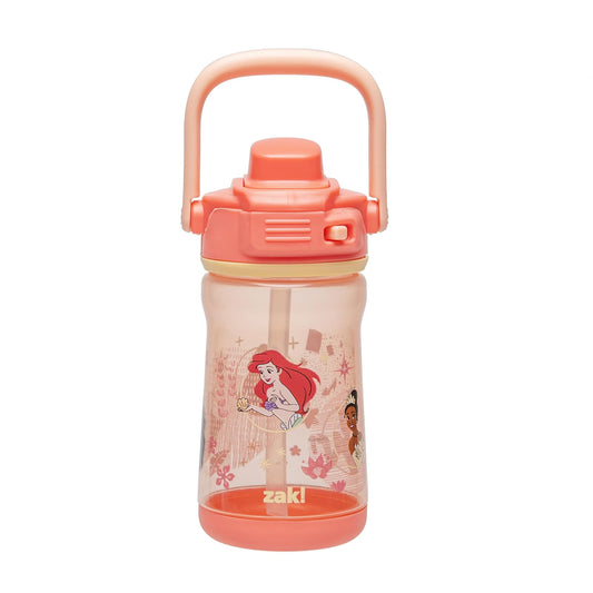 Zak Designs - Botella de agua para niños, con diseño de princesa de Disney, de plástico de 12 onzas, duradera y a prueba de fugas con boquilla de bloqueo de líquido, asa de transporte, base protectora
