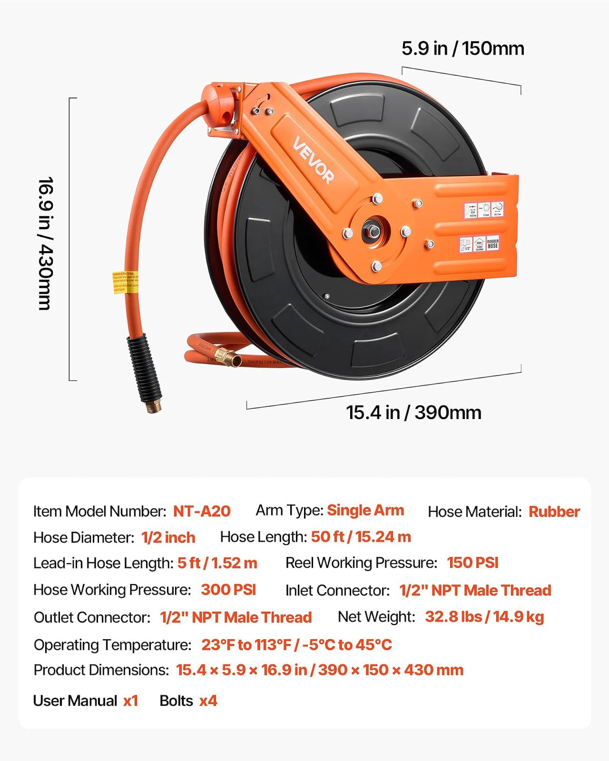 VEVOR - Carrete de manguera de aire retráctil (1/2 pulgada x 50 pies, máx. 300 psi), manguera de aire de goma con rebobinado automático y entrada de 5 pies.