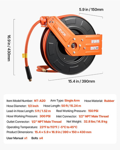 VEVOR - Carrete de manguera de aire retráctil (1/2 pulgada x 50 pies, máx. 300 psi), manguera de aire de goma con rebobinado automático y entrada de 5 pies.