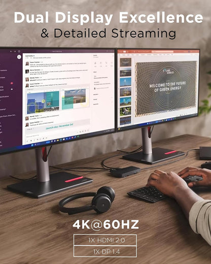 Lenovo USB-C Dual Display Travel Dock con Adaptador de Corriente de 100 W, 7 Puertos, Cable USB-C Integrado, compatibilidad Universal, Pantallas Dobles a 4K, Negro