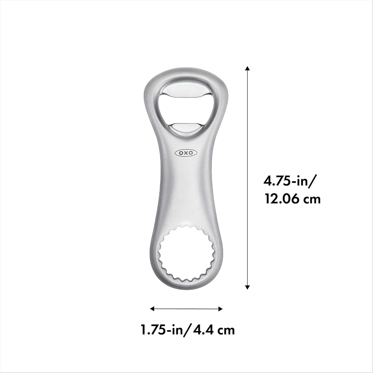 OXO SteeL - Abridor de botellas | Acero inoxidable resistente a la corrosión, acabado chapado en cromo, abre giros, cómodo agarre antideslizante