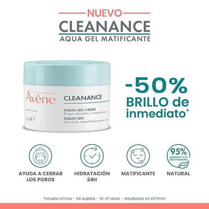 AVENE, Cleanance Aqua-Gel Matificante, Gel-Crema Facial para Piel Mixta a Grasa, Cierra Poros y Controla Brillo, 50 ml