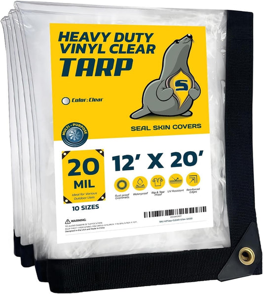 Seal Skin Covers Lona Transparente Impermeable de 12x20 Pies, 20 Mil, 18 OZ, 560 gsm, Lona de Vinilo Transparente de Alta Resistencia con Ojales
