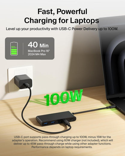 Belkin Hub USB C, concentrador de 7 Puertos con visualización HDMI 4K a 60Hz, SD y MicroSD, Entrega de energía de 100 W, Transferencia de Datos rápida de 5 Gbps, Adaptador multipuerto USB C para