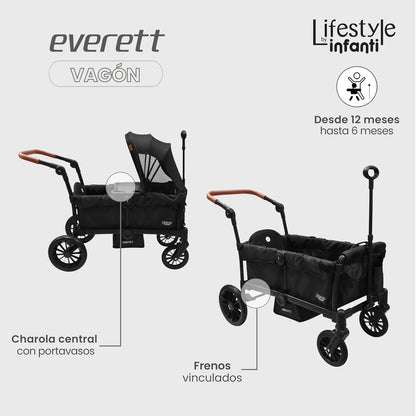 INFANTI | Vagón EVERETT Doble | Soporta 50 kg | Asientos Seguros Toldos Desmontables | Mango Ajustable | Ruedas con Amortiguación | Frenos Integrados | Plegado Compacto | Color Negro