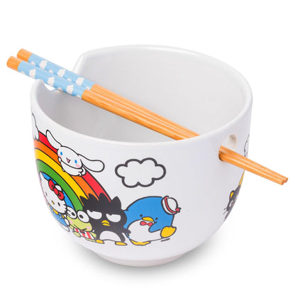 Silver Buffalo Tazón de Cerámica para Ramen con Palillos y Cuchara, 592 ml - Hello Kitty and Friends Rainbow