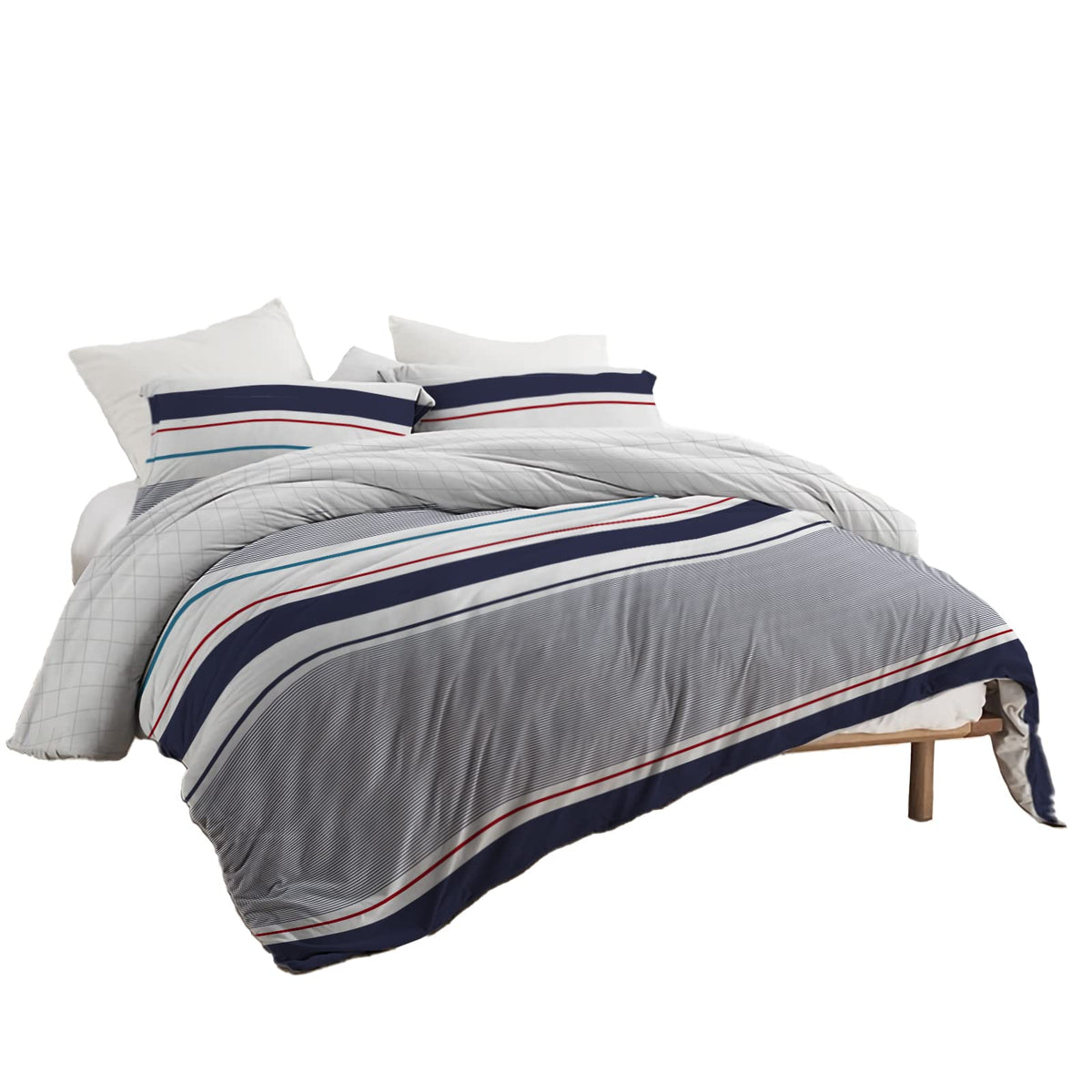 POLO ONE BY INBED Edredón Azules, Grises y Blancos 3 Piezas + Cojín, Diseño Julek Matrimonial