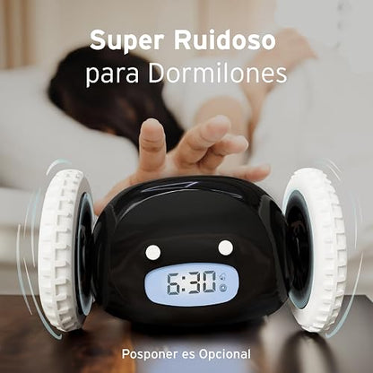 CLOCKY Reloj Despertador con Ruedas Digital Potente Ruidoso para Dormilones | Alarma Sonido Muy Fuerte Sordos Sueño Pesado Adultos Niños Inteligente Fugitivo Se Mueve Regalo Divertido, Negro