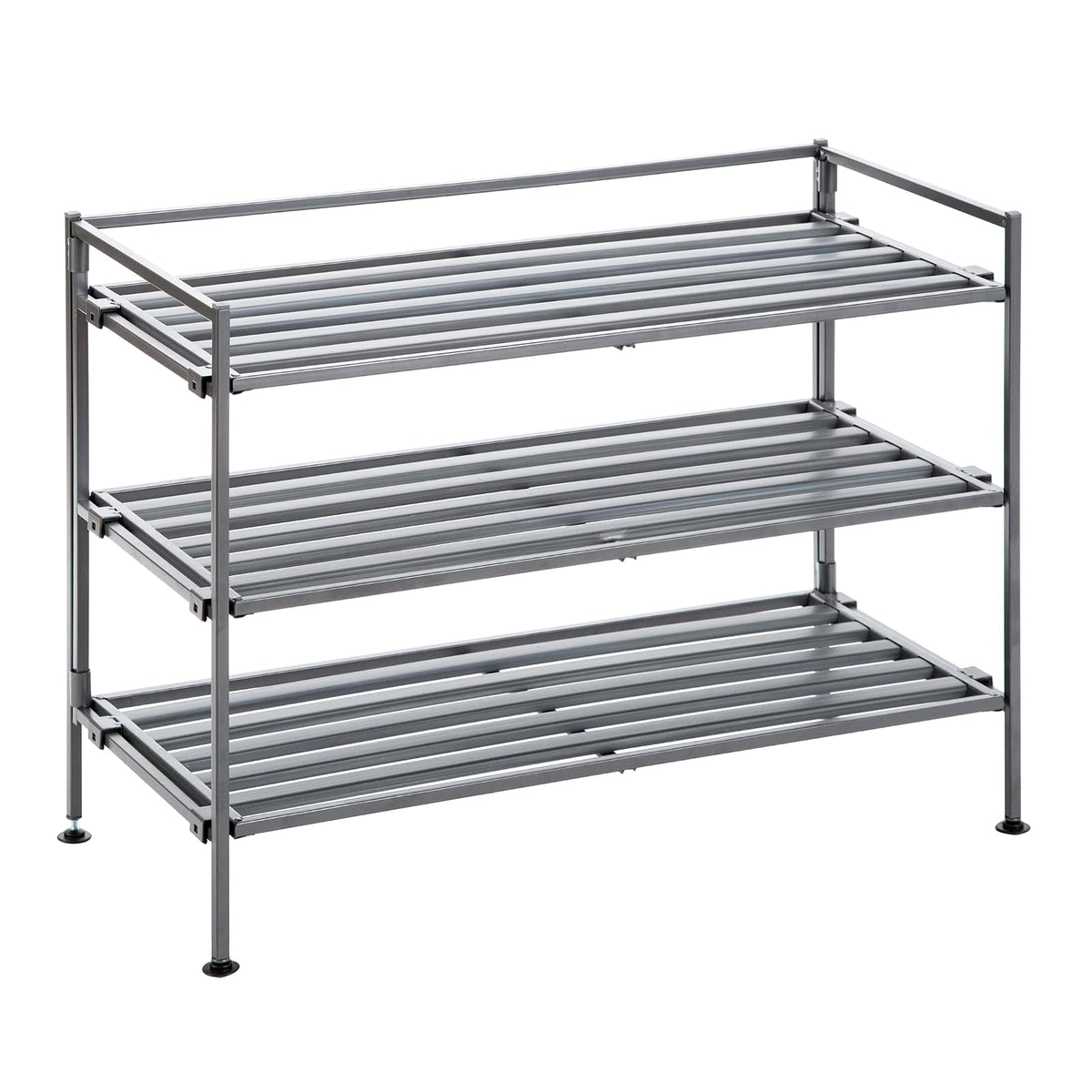 Seville Classics Sturdy Freestanding Storage Shelf for Bedroom, Closet, Entryway, Dorm Room Organizer, Stackable Durable Metal Shoe Rack, Ash Gray Slat, 3-Tier