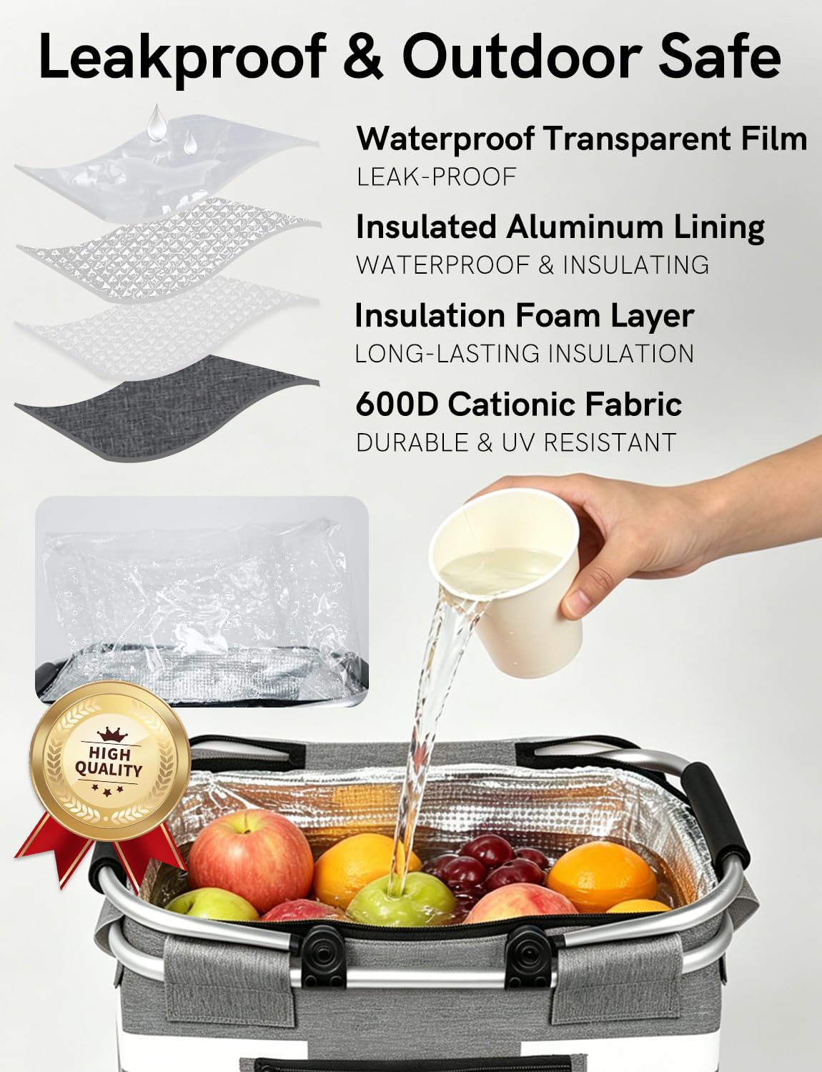 KEFOMOL Cesta de Picnic aislada a Prueba de Fugas, Bolsa enfriadora Plegable de 26 litros con Tapa, 2 Asas Resistentes, Cesta de Almacenamiento para Picnic, Entrega de Alimentos, para Llevar, Compras