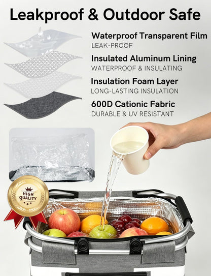 KEFOMOL Cesta de Picnic aislada a Prueba de Fugas, Bolsa enfriadora Plegable de 26 litros con Tapa, 2 Asas Resistentes, Cesta de Almacenamiento para Picnic, Entrega de Alimentos, para Llevar, Compras