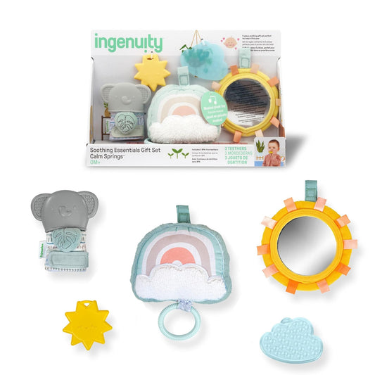 Ingenuity Calm Springs - Juego de Regalo de artículos Esenciales relajantes, Juguete Musical, sonajero, Espejo, 2 mordedores para bebé