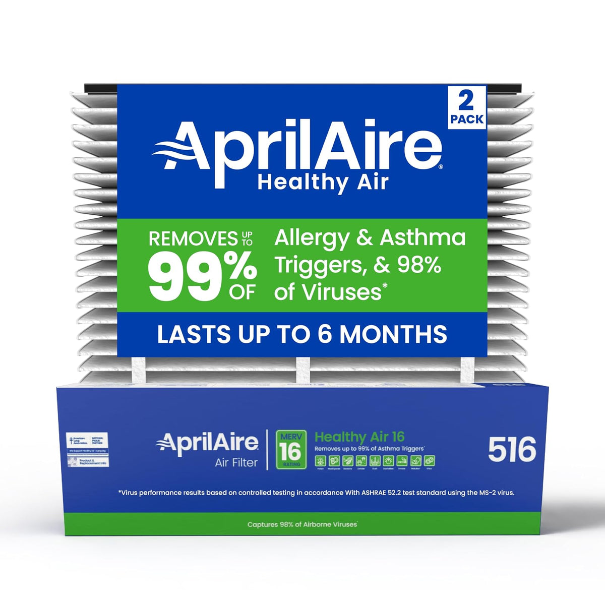 Aprilaire Filtro de aire de repuesto 516 para purificadores de aire Aprilaire para todo el hogar, MERV 16, filtro de alergia, asma y horno de virus (paquete de 2)