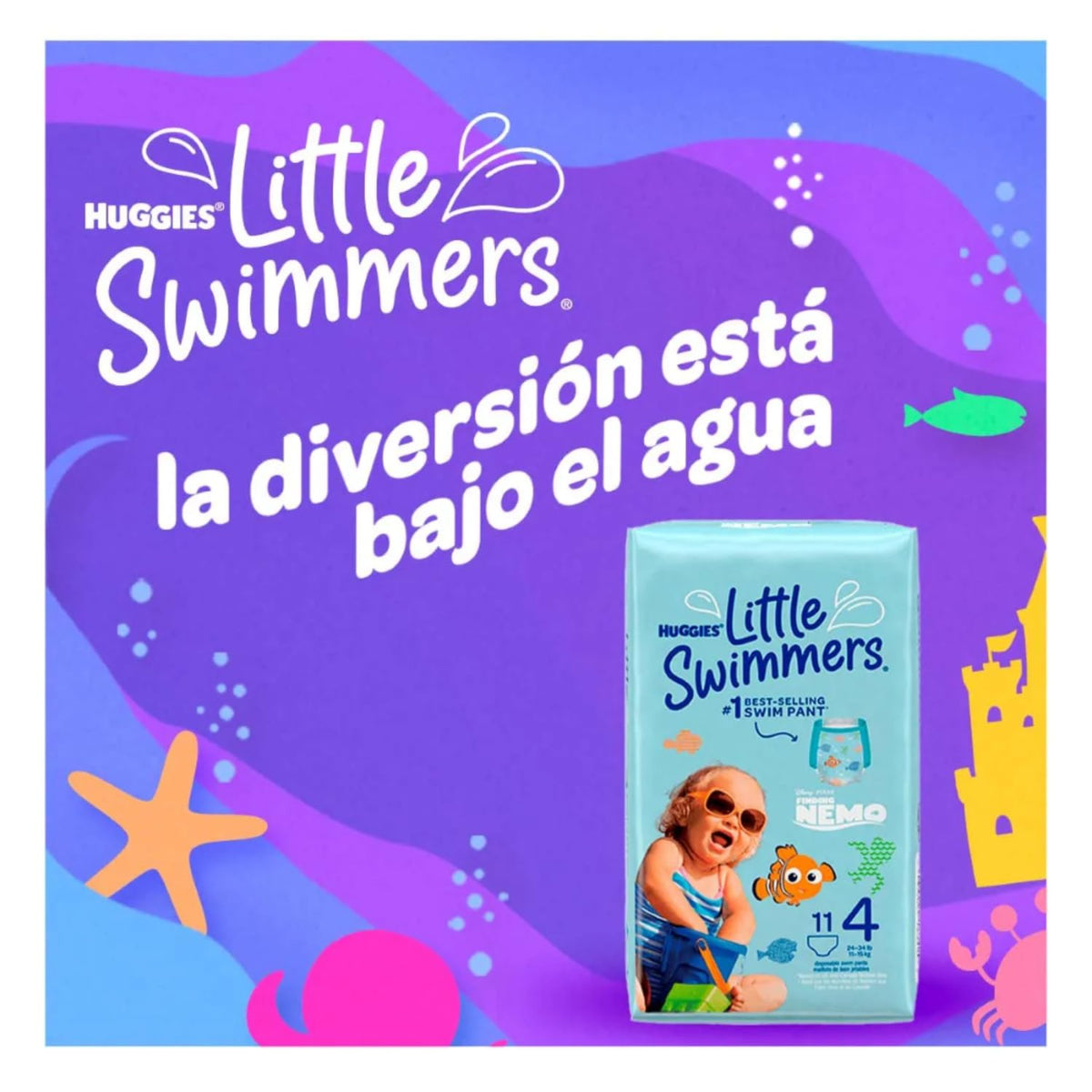 Huggies Little Swimmers Calzoncito Desechable para Nadar, Talla Mediana Unisex, Paquete con 11 piezas, Ideal para bebés de 11 a 15 kg, empaque puede variar