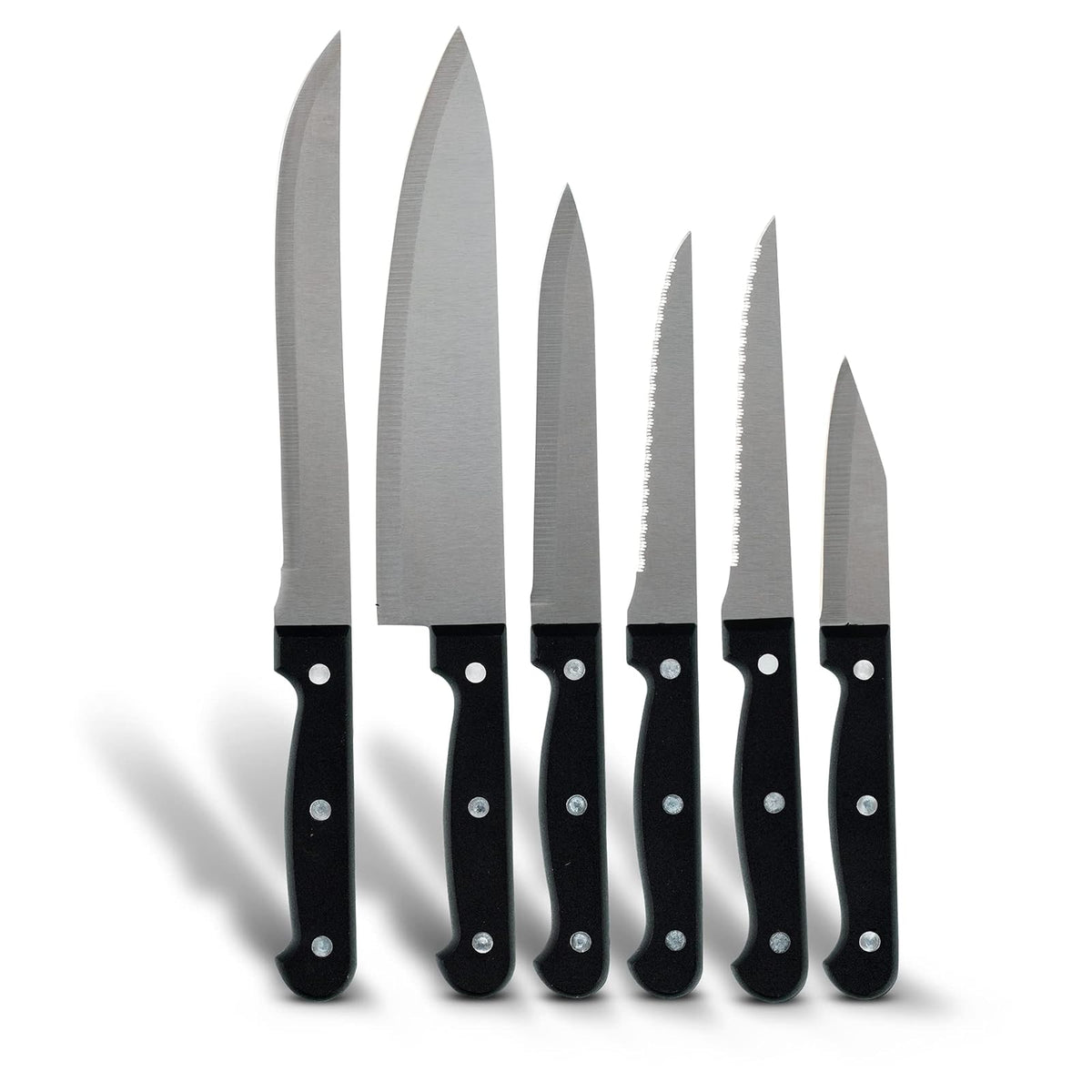 Ekco | Juego de Cuchillos Classic 6 Piezas Acero Inoxidable Negro | Triple remache, Mangos baquelita, Acero inoxidable, Corte preciso, Chef 20cm, Rebanador 19cm, Multiusos 12.7cm