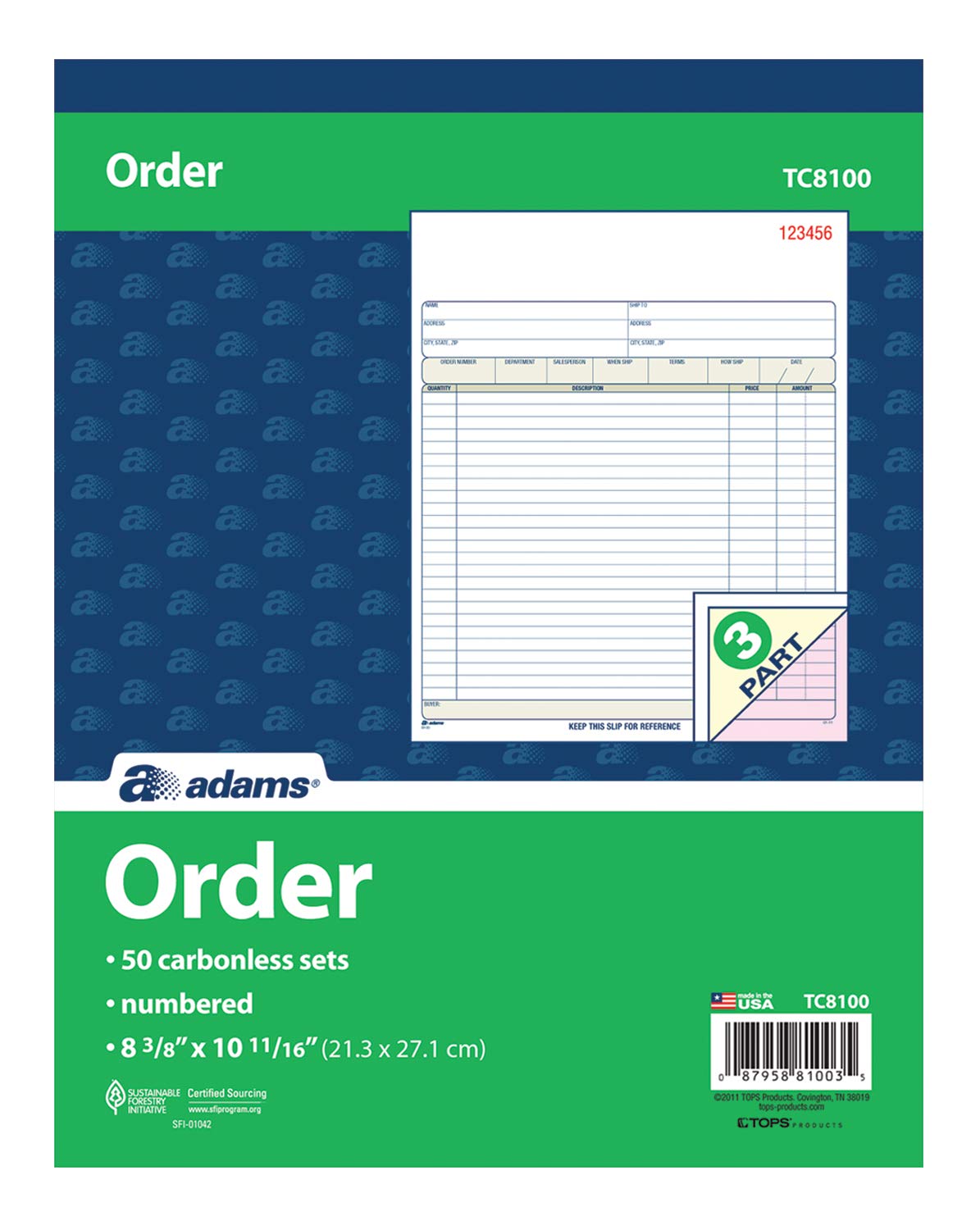 Adams Order Book, sin carbono, blanco/canario/rosa, 3 partes, 8-3/8 x 10-11/16 pulgadas, 50 juegos (TC8100)