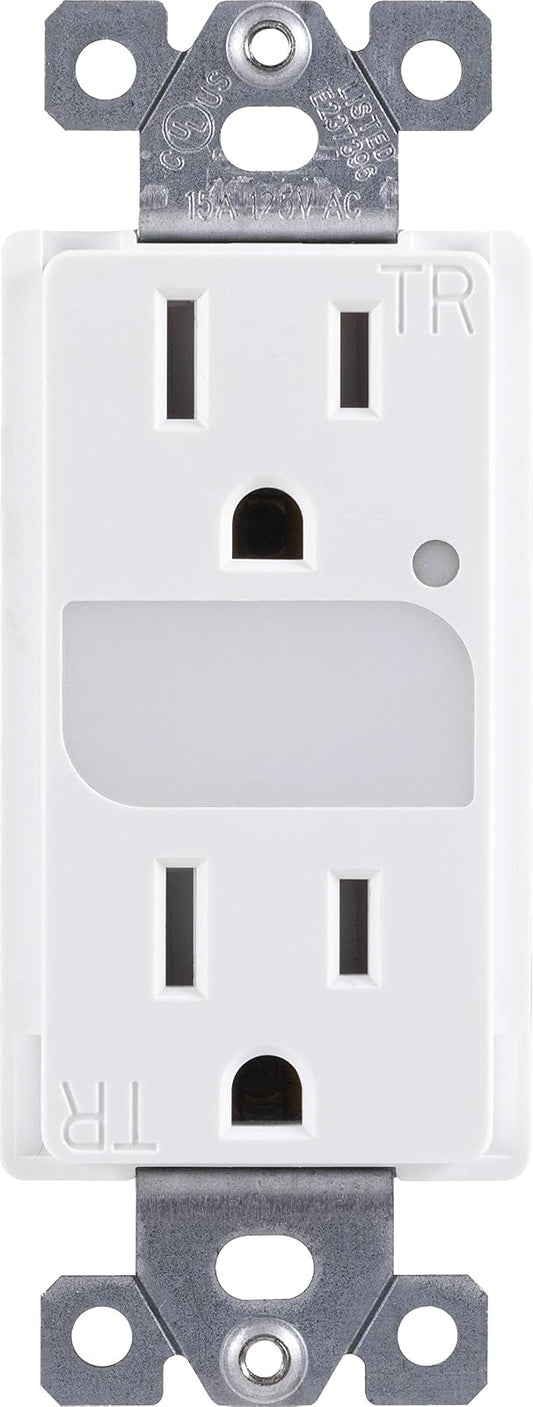 GE UltraPro Grounding Duplex Outlet with LED Guide Light, In Wall Receptacle, Tamper Resistant Outlets, Soft Glow Light, Sensor Light, 15A / 125VAC, UL Listed, White, Wallplate Not Included, 40967