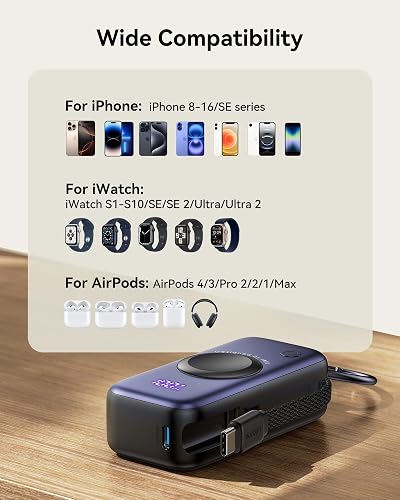 INIU Cargador portátil 3 en 1, pequeño Banco de energía de 5000 mAh con Cable USB C Incorporado y Cargador de Reloj, Paquete de batería de Carga rápida PD de 20 W, Cargador de Viaje para iPhone 16 15