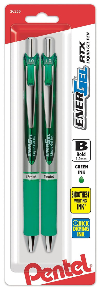 Pentel EnerGel Deluxe RTX Bolígrafo Retráctil de Tinta Gel Líquido, Punta de Metal - 1.0 mm - Verde - 2 Unidad (Paquete de 1)