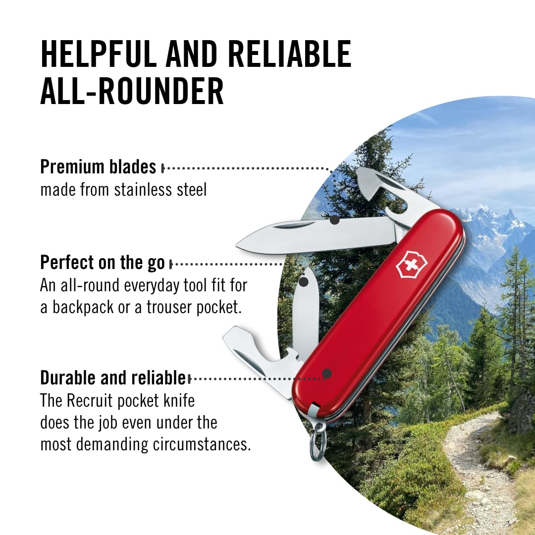 Victorinox Recruit Tipo Oficial, Color Rojo, 10 Usos | Cuchillo de bolsillo hecho en Suiza, 10 funciones, abrelatas, destornilladores, mochila esencial, utilidad diaria