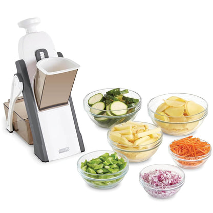DASH Safe Slice® Cortador de Mandolina, Juliana y Dados para Verduras | 30+ Ajustes de Corte y Grosor | Contenedor y Cepillo Incluidos | Color Gris