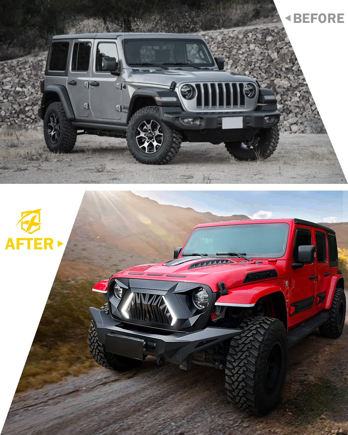 Xprite - Parrilla frontal de repuesto compatible con Jeep Wrangler JL JLU y 2020+ Gladiator JT, parrilla de tiburón negro mate con luz para correr y intermitentes