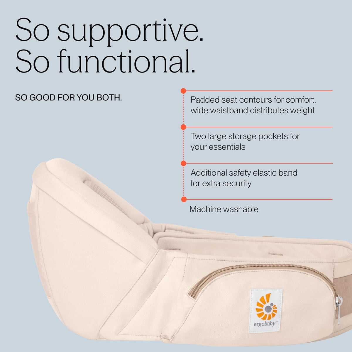Ergobaby Lift - Portabebés ergonómico para asiento de cadera con almacenamiento, cómodo cinturón ancho y soporte lumbar (16 libras - 45 libras) - Portabebés antideslizante para niños pequeños - Azul