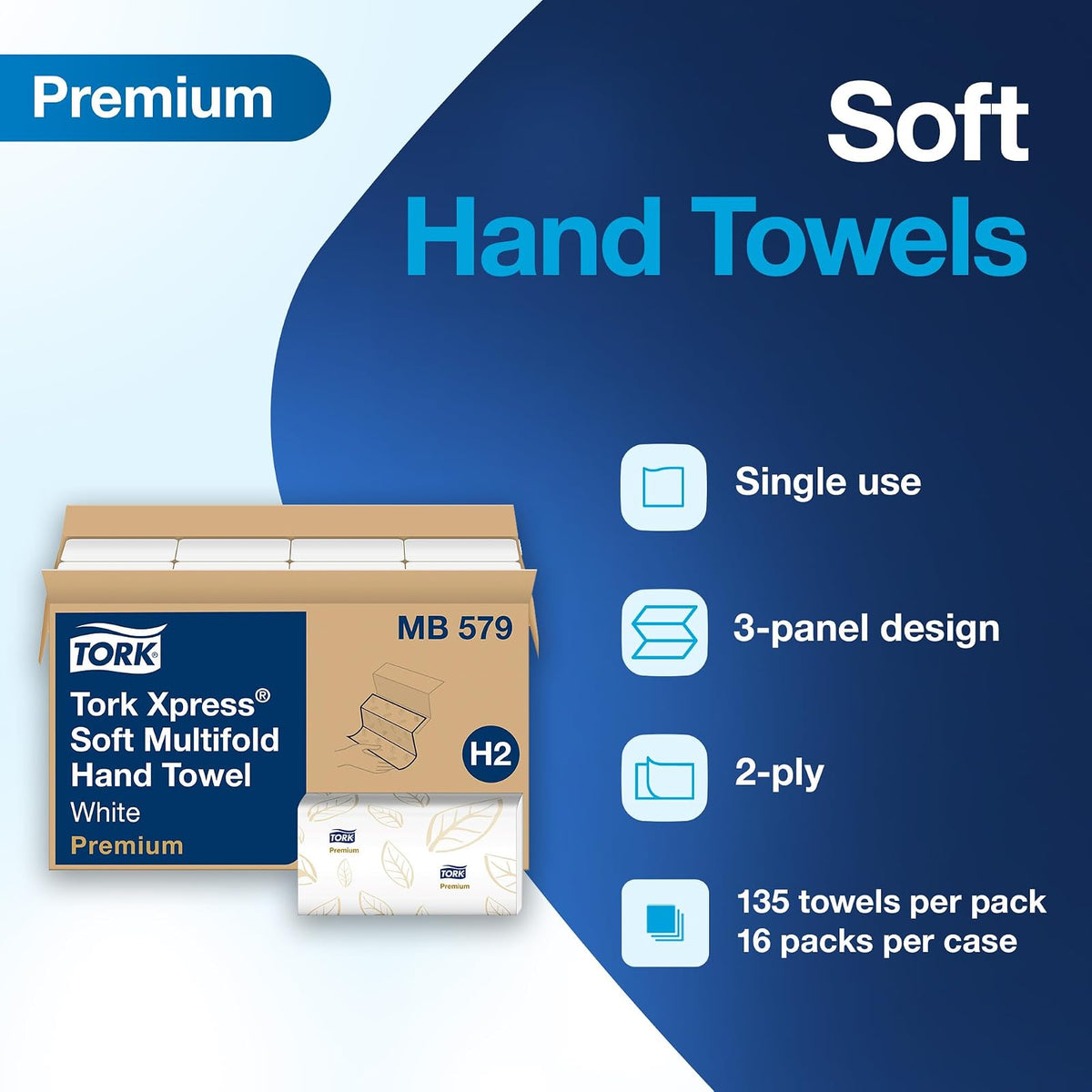 Tork Soft Xpress - Toallas de mano de papel multiplegado, color blanco, compatible con el sistema H2, 16 paquetes x 135 toallas cada una (MB579)