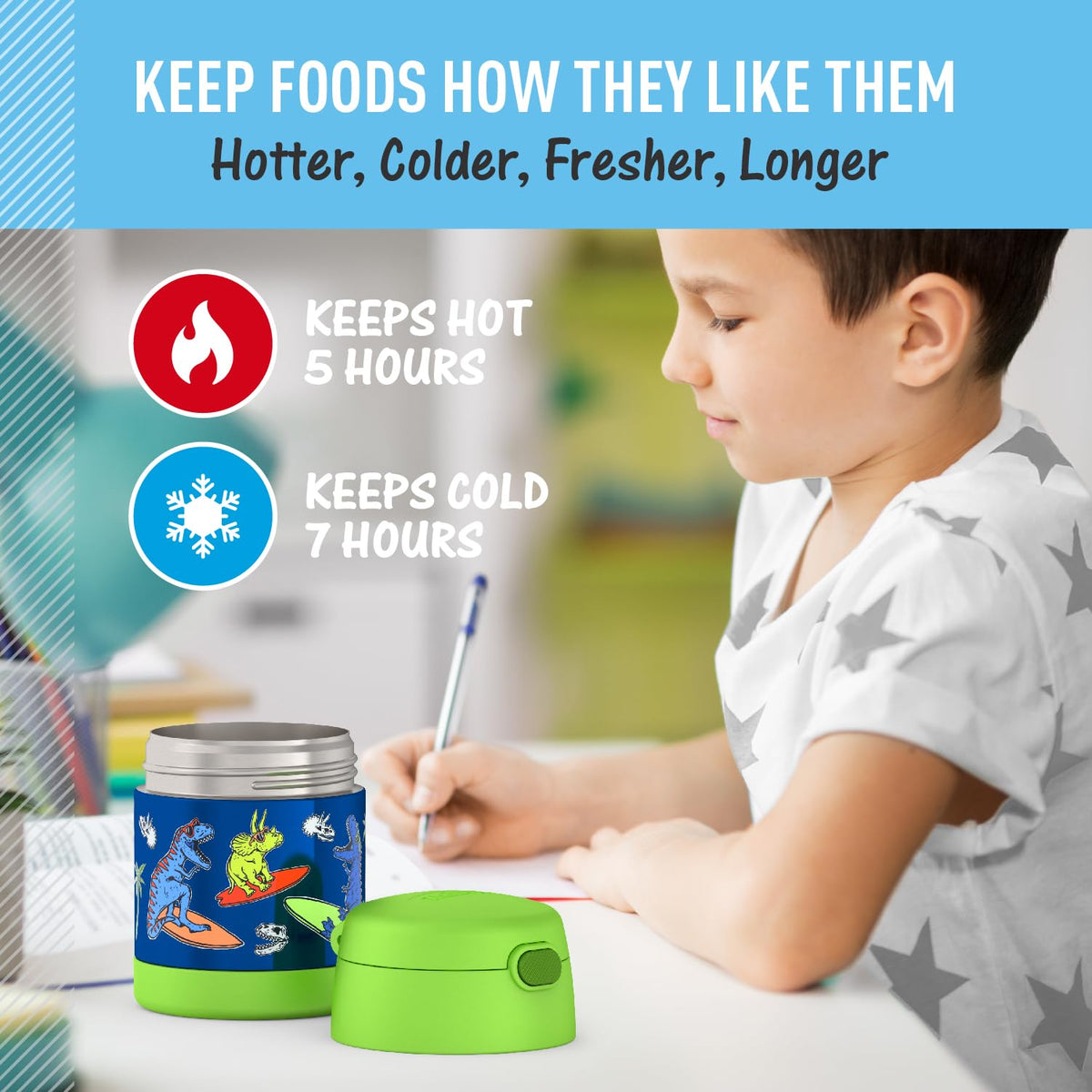 THERMOS FUNTAINER - Tarro aislado para alimentos, 10 onzas, apto para niños con cuchara plegable, Daring Dinos