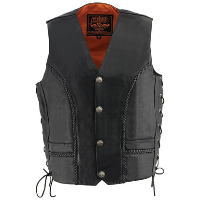 Milwaukee Leather - Chaleco de Piel de Alta Calidad para Hombre con Encaje Lateral para Motocicleta, Negro, Talla 48