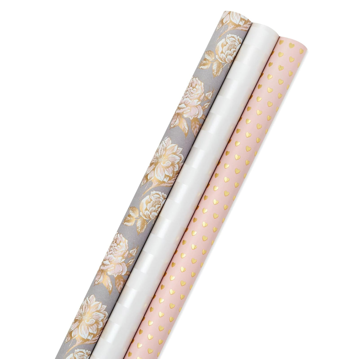 Hallmark - Rollos de papel de regalo para boda, corazones dorados, flores de rosa, rayas blancas (juego de 3 rollos: 85 sq. ft. ttl) para despedidas de soltera, cumpleaños, bodas, día de la madre, día