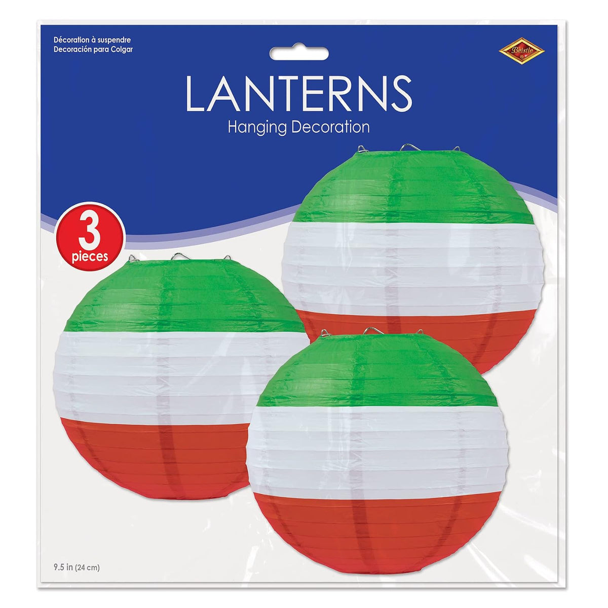 Beistle 54655-RWG Paper Lanterns, 9 1/2-Inch, Red/White/Green