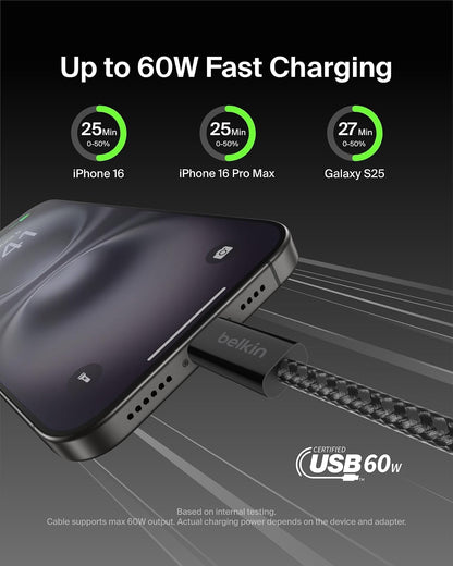Belkin - Cable trenzado USB C a USB C de 60 W, paquete de 2 unidades, 3 m | iPhone 15/16/17, Samsung Galaxy S26, Pixel 10, Airpods, iPad, Nintendo Switch 2, MacBook, Steam Deck, viajes, Chromebook