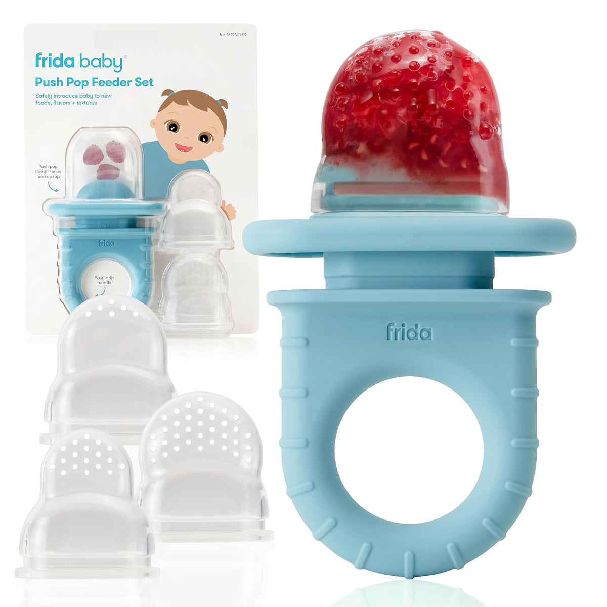 Frida Baby Push Pop - Alimentador para Frutas para bebés para presentar Alimentos nuevos, Frescos y congelados, Silicona, última intervención de BPA, Apto para lavaplatos | 3 Unidades